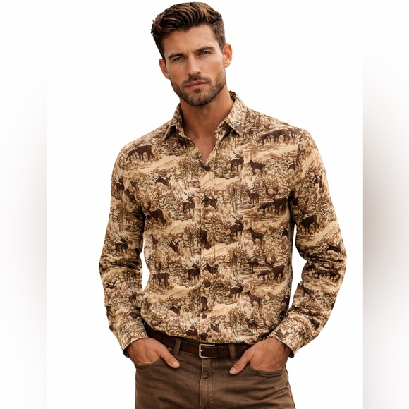 J. Crew Other - J.Crew Deer Print Chamois‎ Rare Shacket Brown Outdoors Sportsman Hunting L